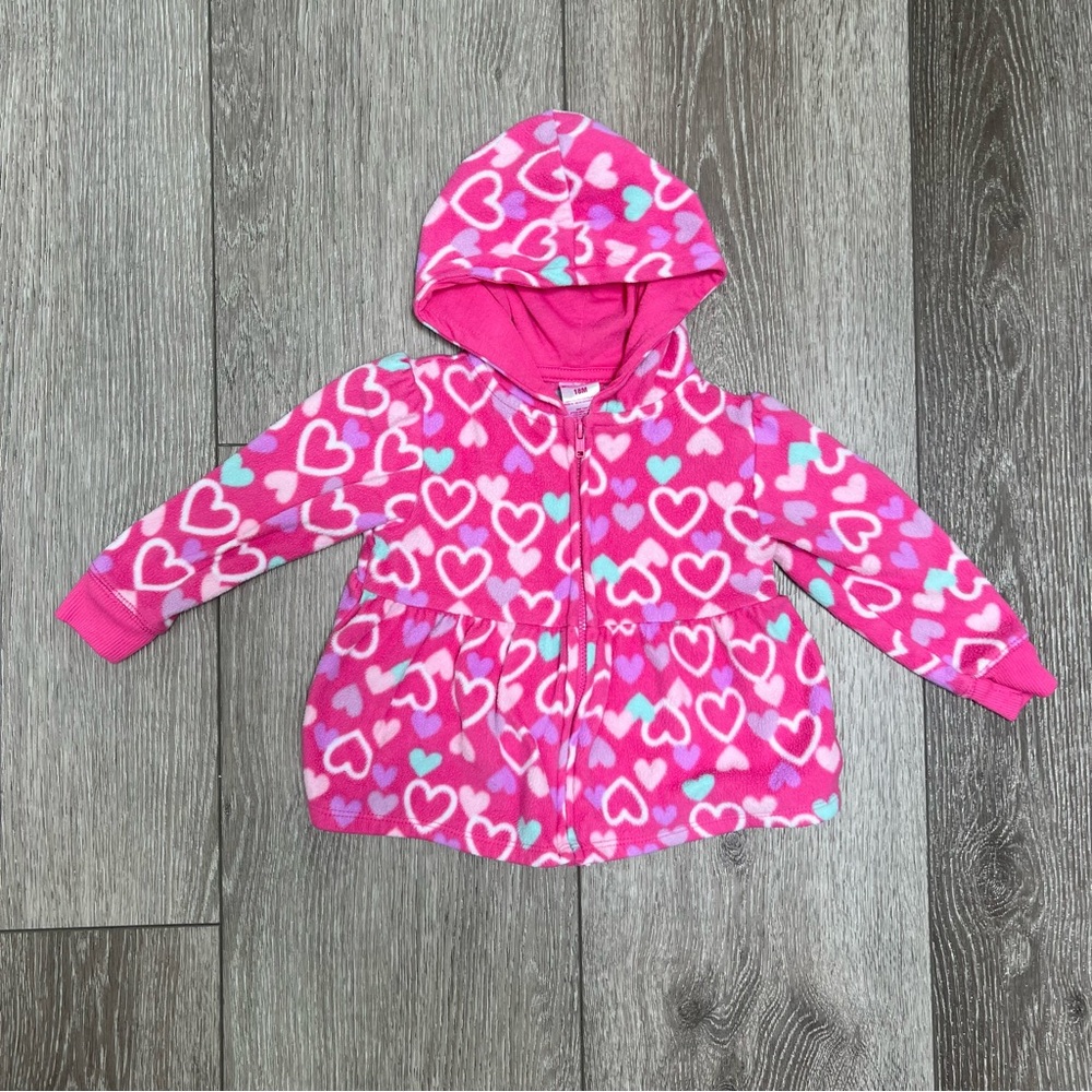 GARANIMALS FLEECE ZIP UP HOODED SWEATSHIRT HEARTS PINK 18MO